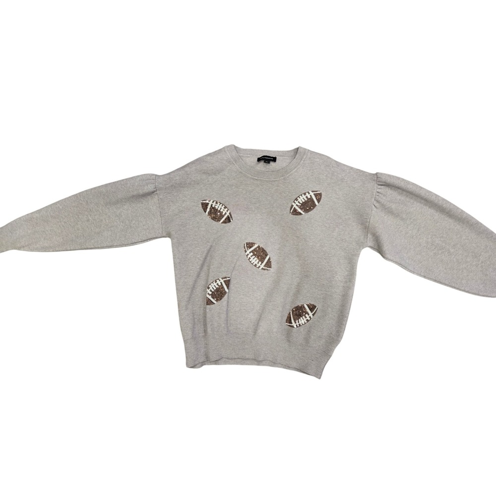 Calligraphie Womens Grey Sequin Football Puff Sleeve Sweater Large
